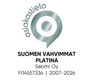 "Strongest in Finland platinum"-sertifikaatti, jonka on myöntänyt Asiakastieto vuonna 2025.